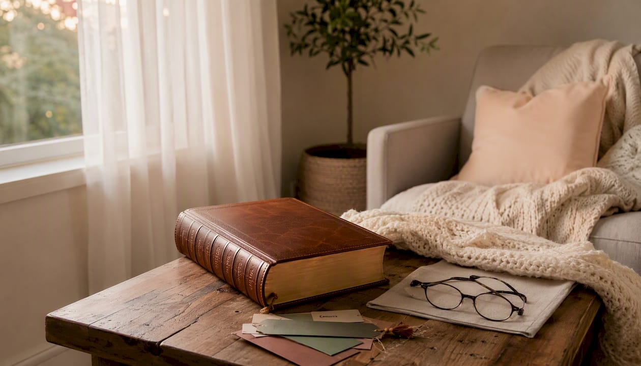 Leather-bound personalized family Bible on desk
