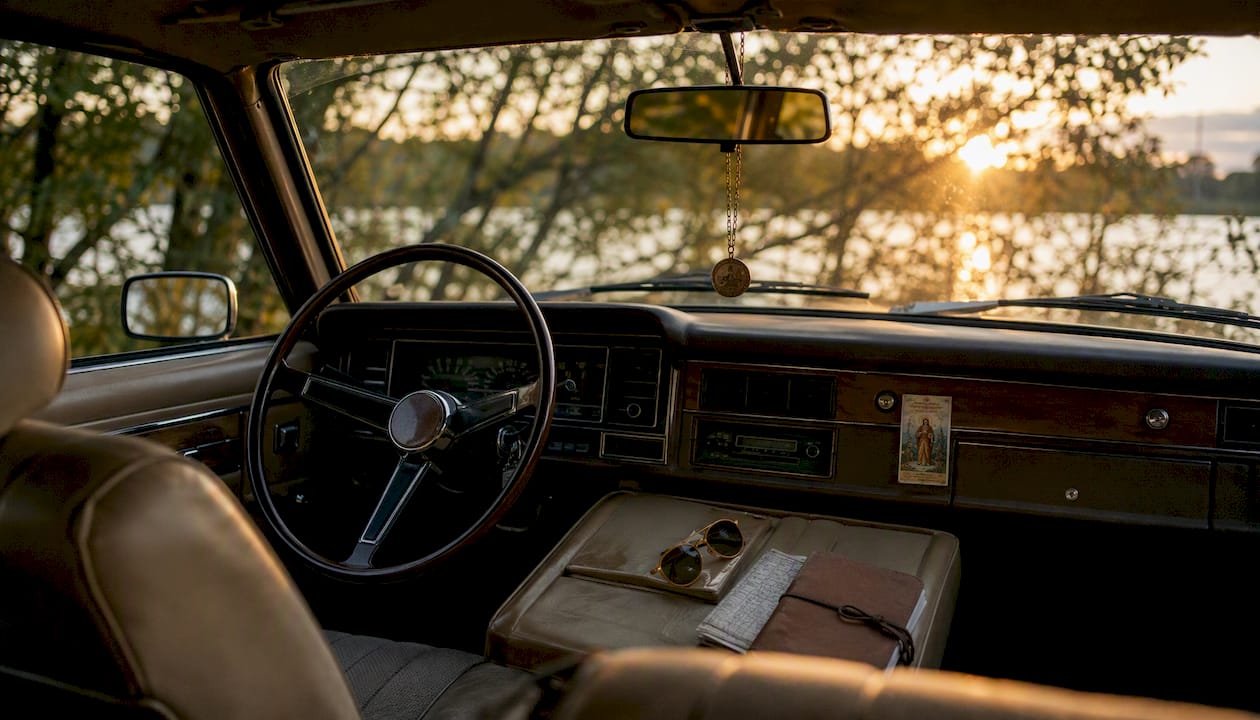 Car dashboard featuring St. Christopher medal and prayer card