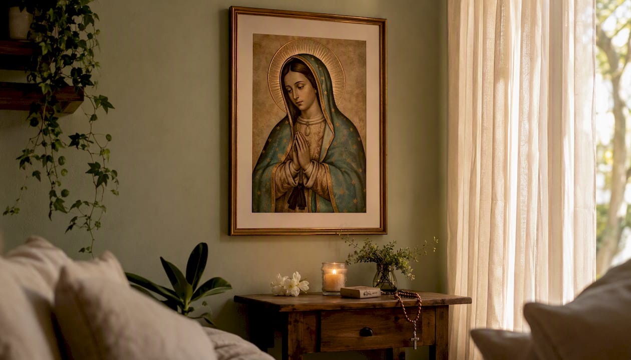 Framed saint wall art in living room corner