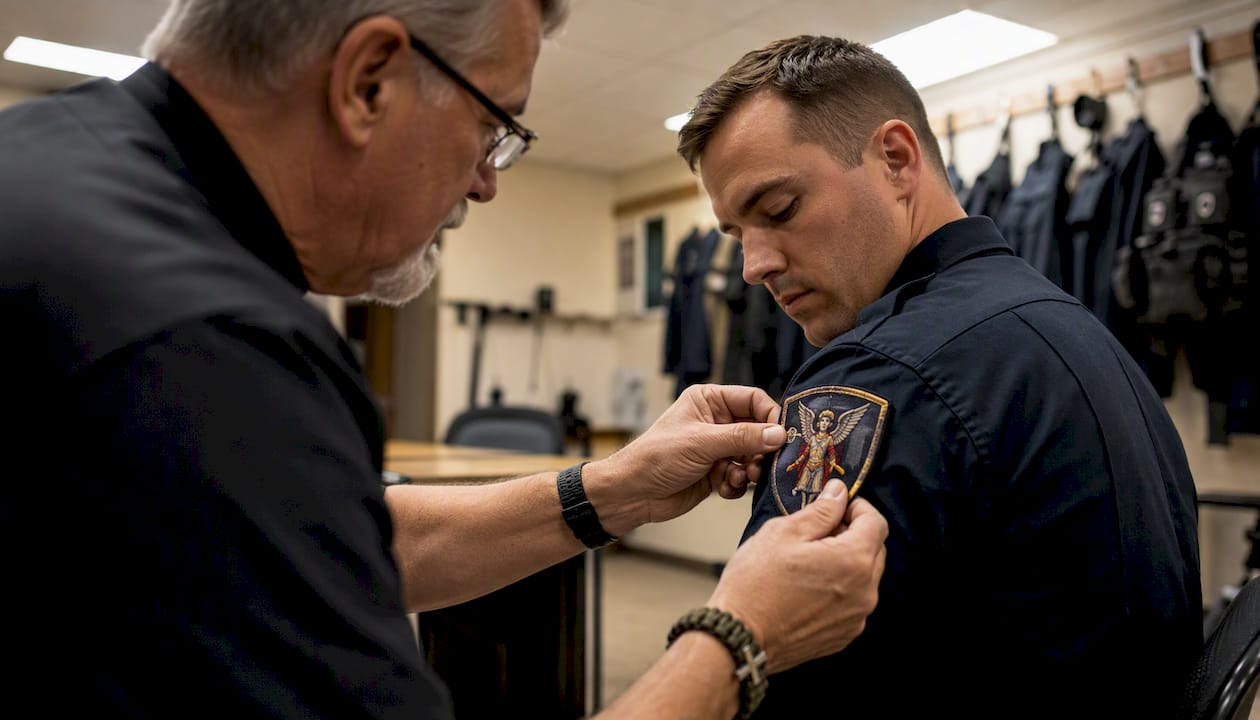 Chaplain applying St. Michael patch on police uniform sleeve