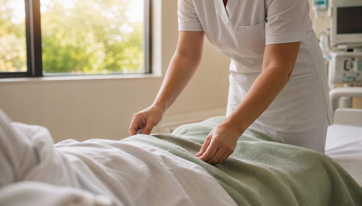 Nurse adjusting patient blanket in hospital