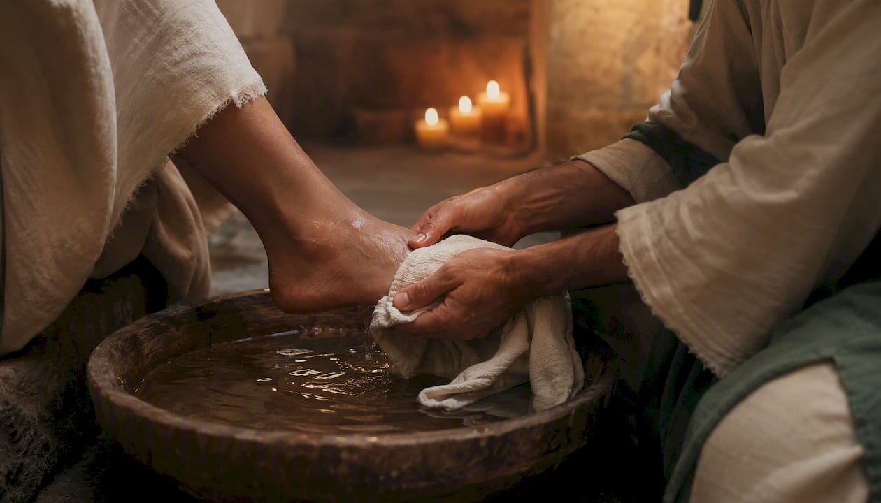 Hands washing feet in stone basin