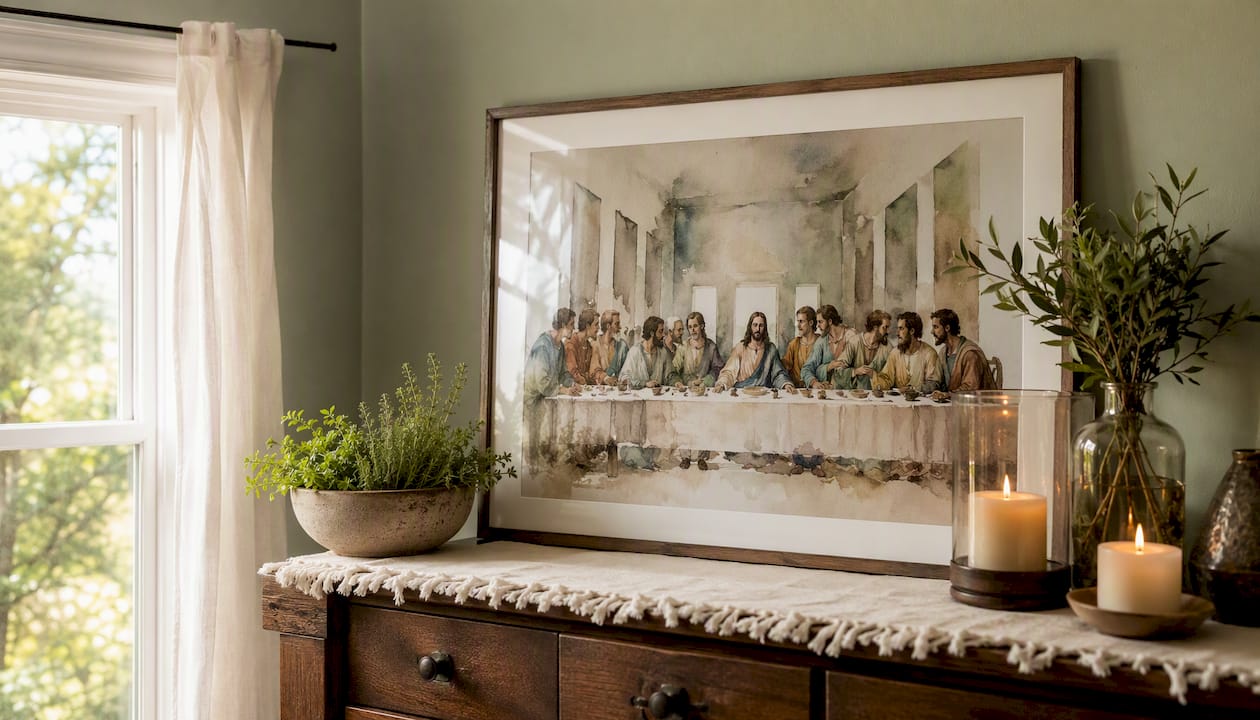 Watercolor Last Supper print on home altar