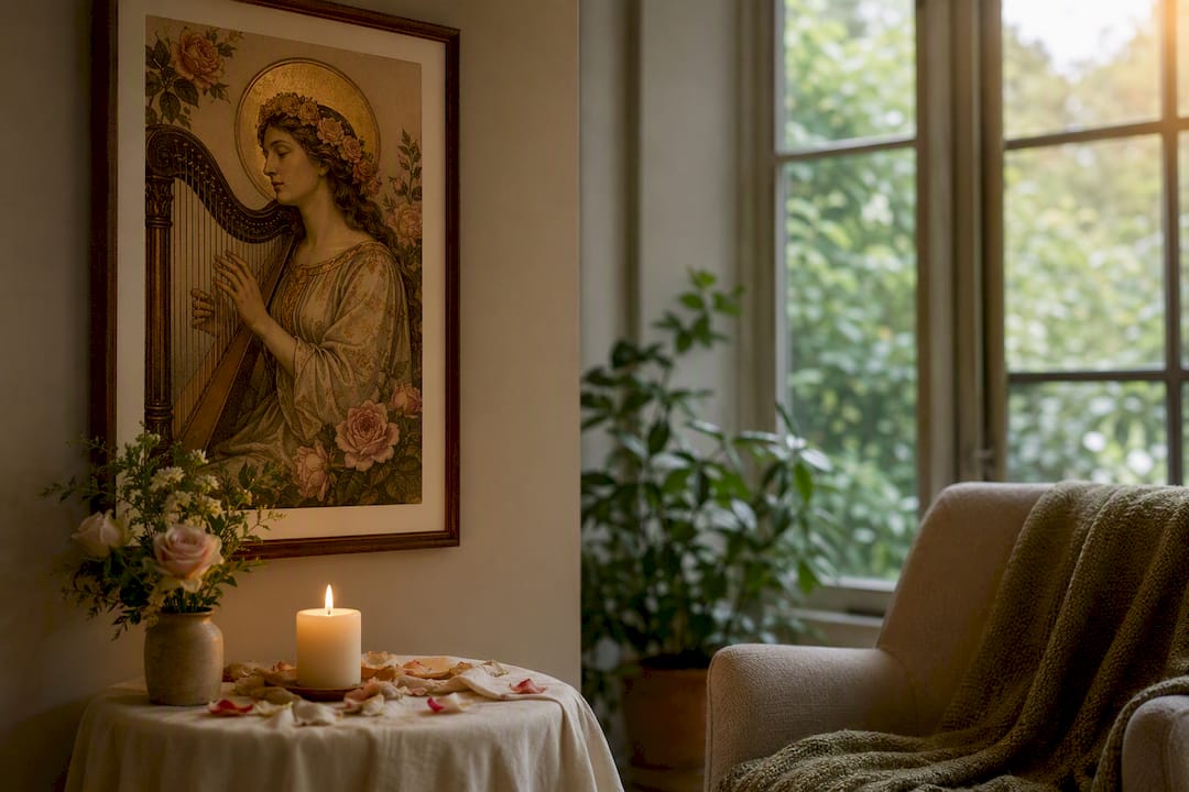 Saint Cecilia devotional art with harp and roses