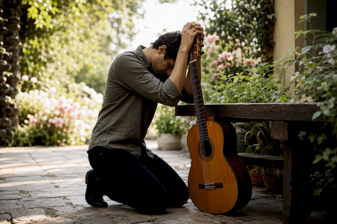 Guitarist praying with instrument in light-filled room