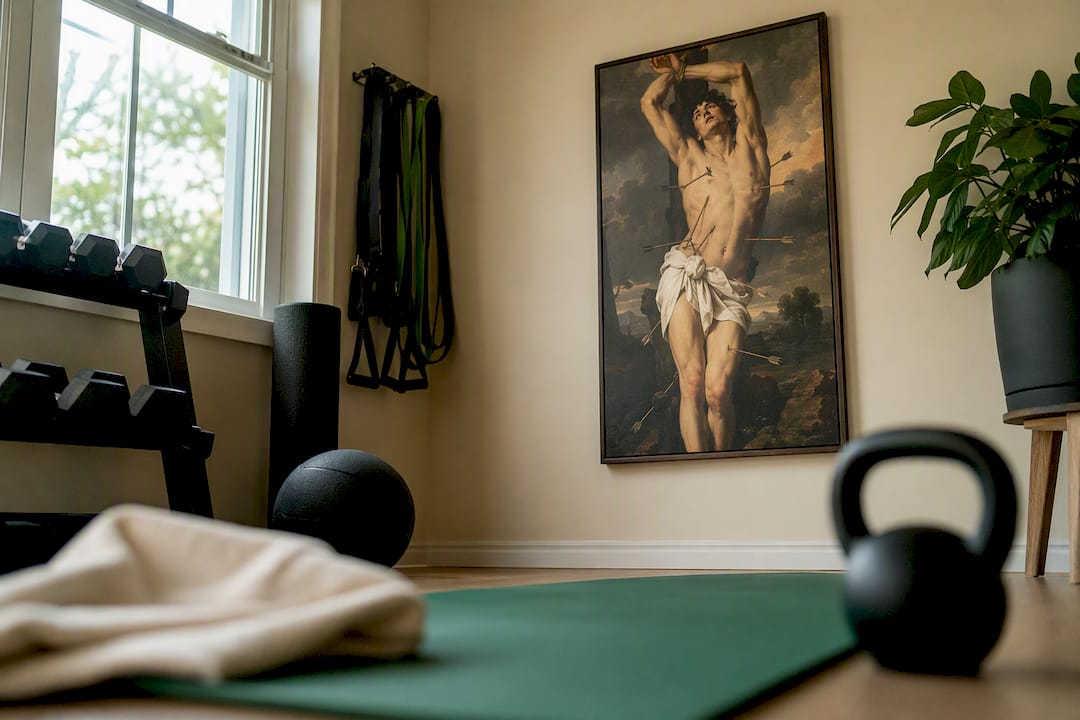 Saint Sebastian print in home gym corner