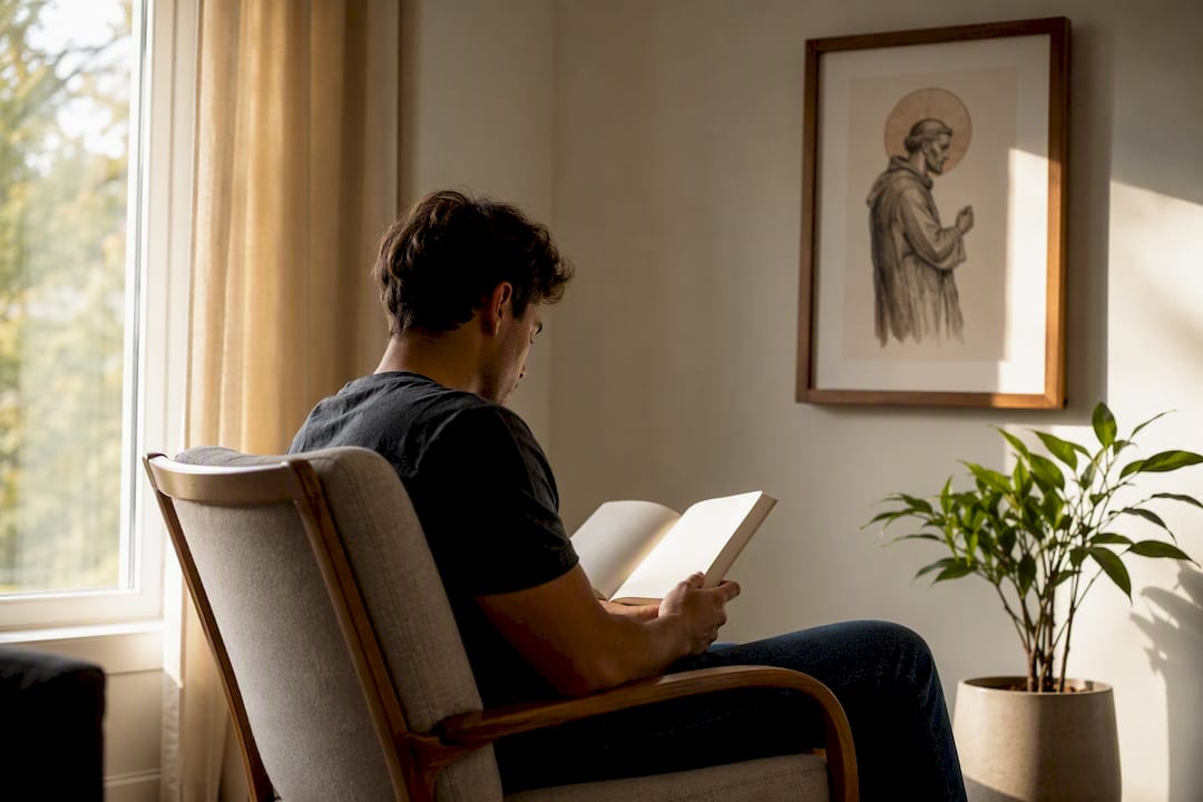 Young man reading saint biography at home