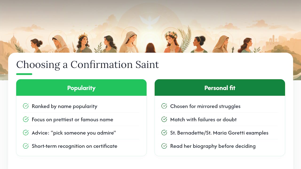 Diagram comparing selecting saints by popularity versus personal fit