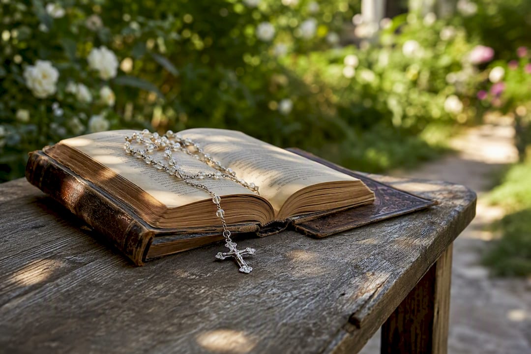 Close-up prayer book with rosary beads
