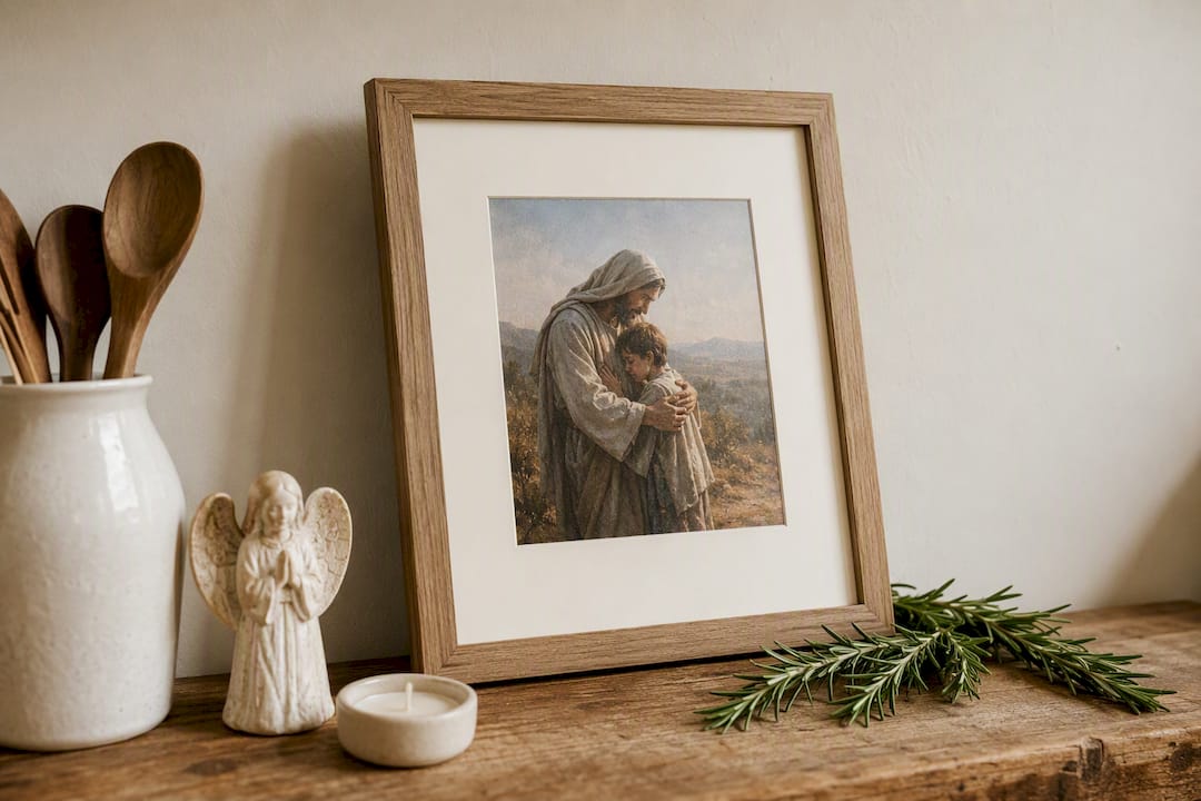 Photo frame with mat border in home setting