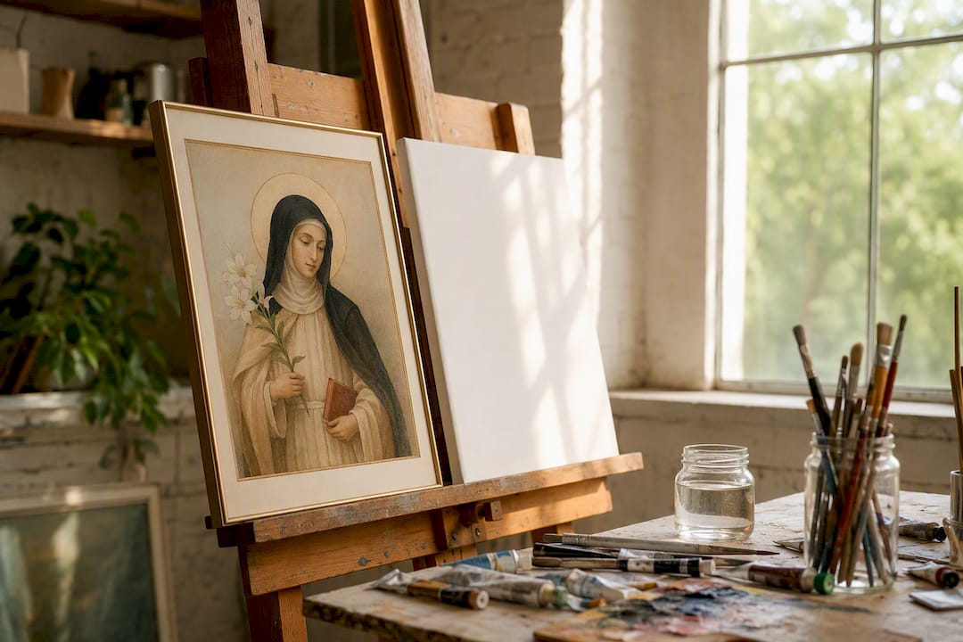 Saint print on easel in artist studio