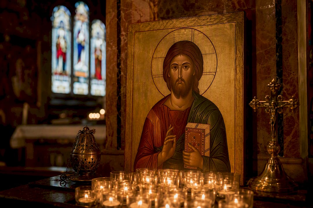 Church altar setup with Christ Pantocrator and candles