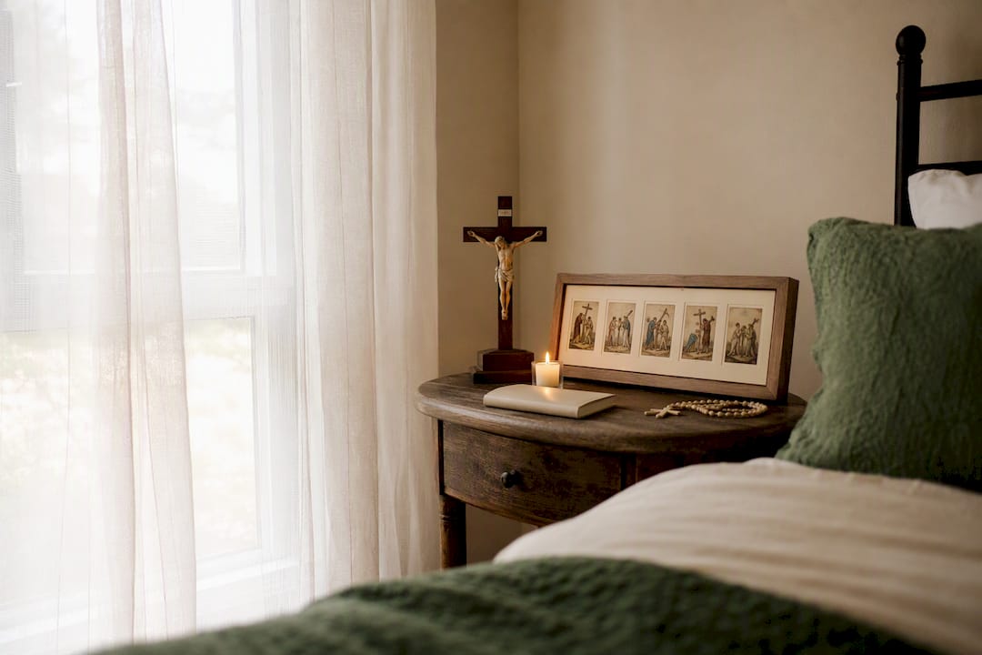 Home prayer corner with Stations of the Cross visuals