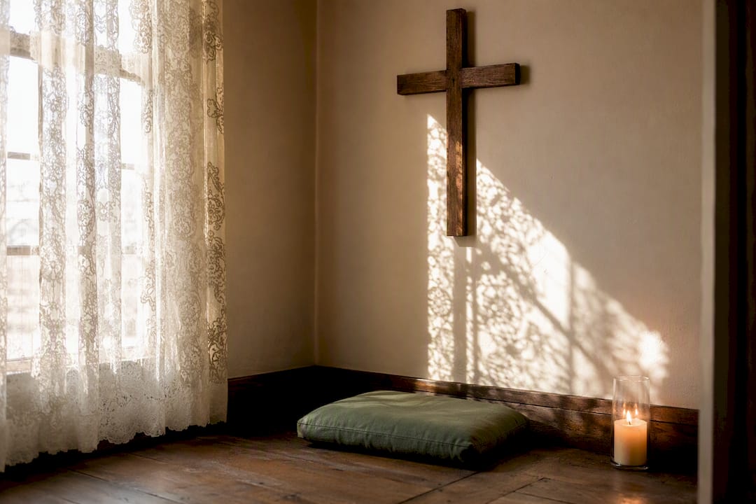 Quiet personal prayer corner with cross and candle