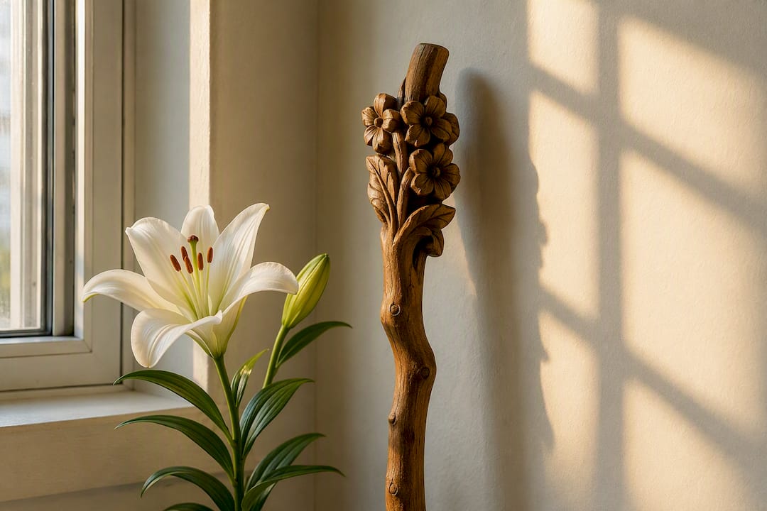 White lily flower and carved flowering staff