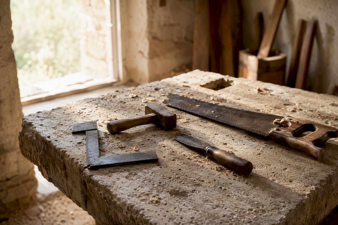 Hand tools on wooden carpenter's workbench