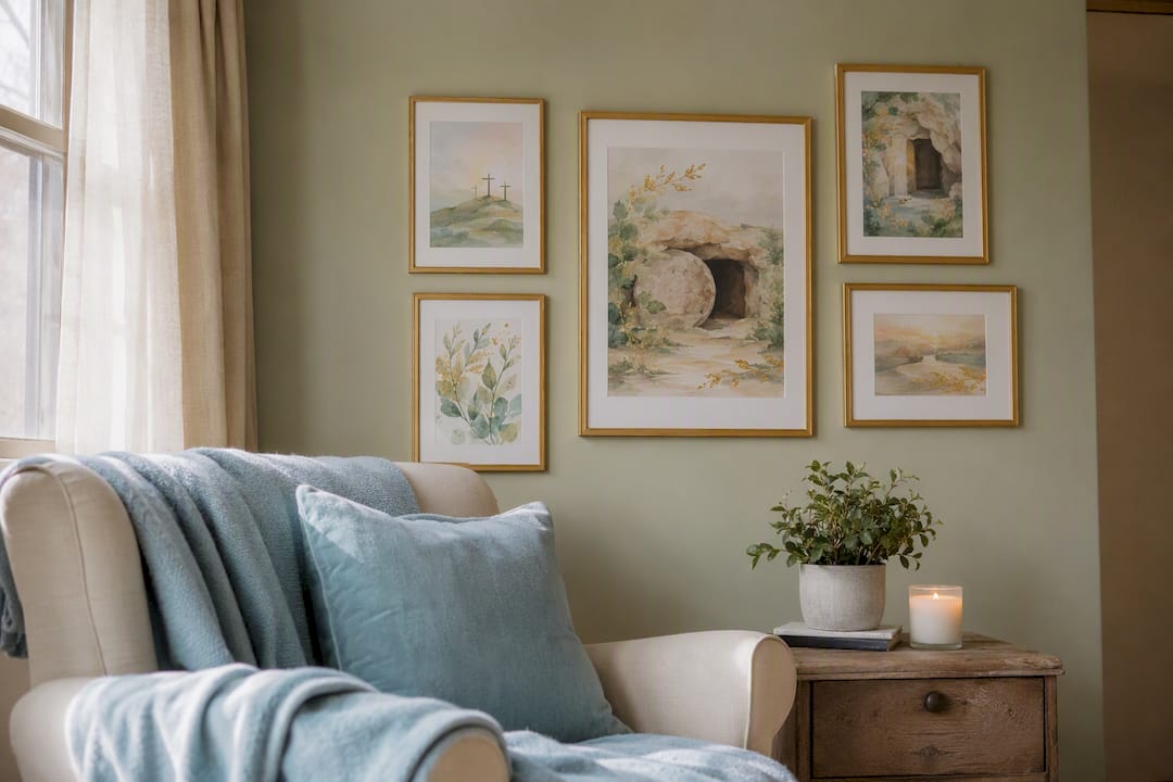 Easter devotional wall art with cream, gold, and sage accents