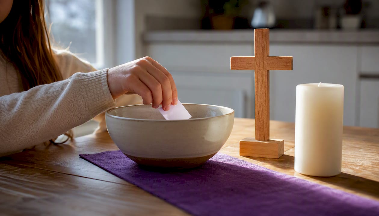Child placing sacrifice slip in Lent bowl