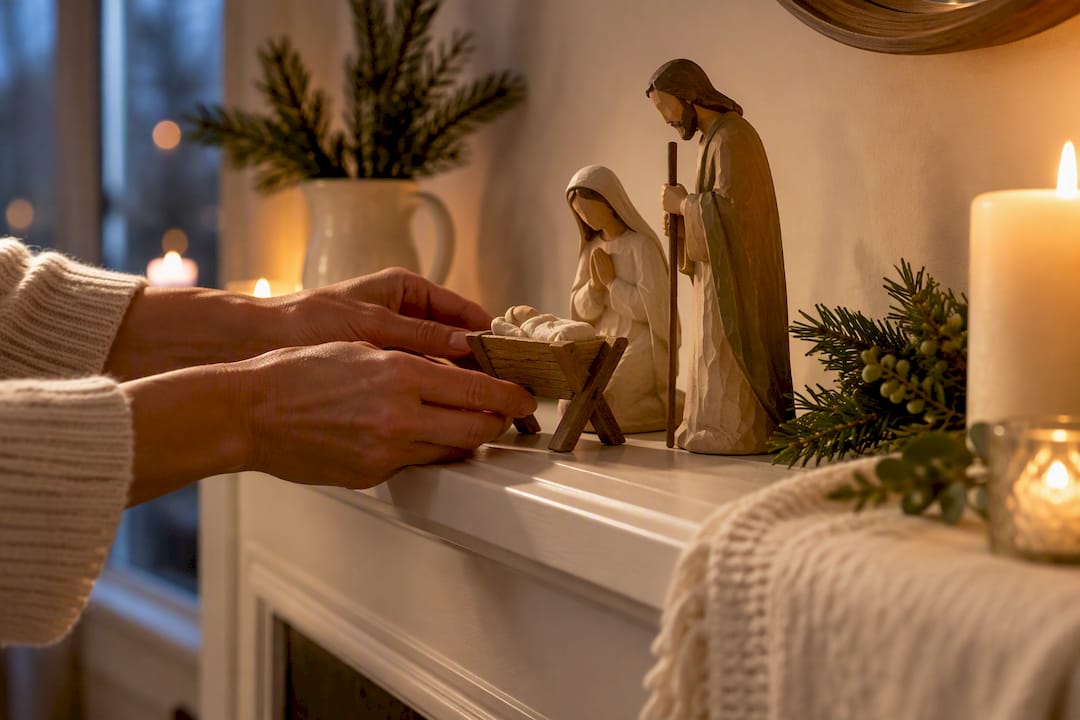 Hands arranging Nativity figurines on a mantel