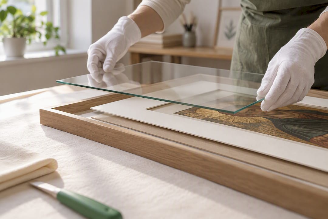 Archival mat and glazing protecting artwork