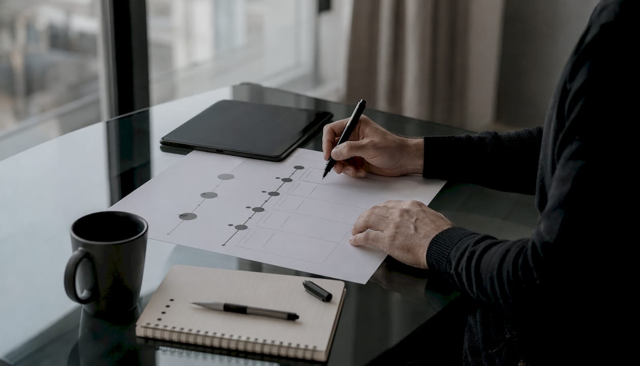 Mâini care trasează, cu markere, etapele parcursului unui client