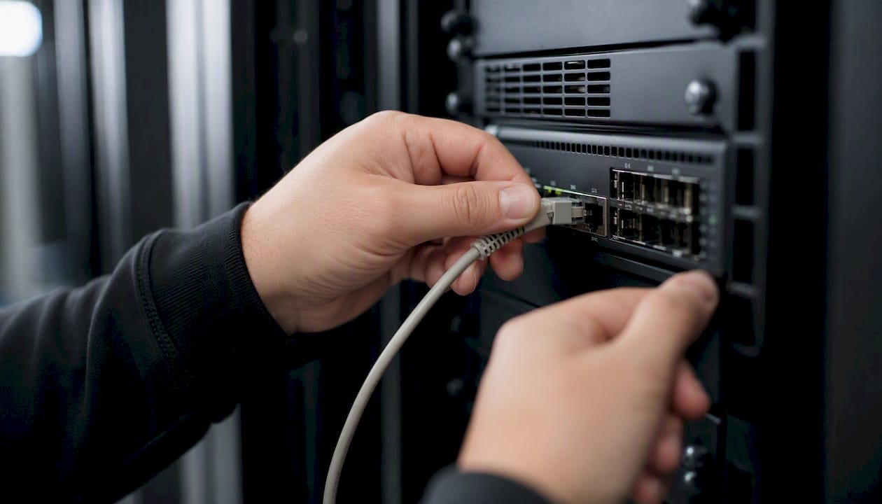 Mâini care conectează un cablu de rețea la un server