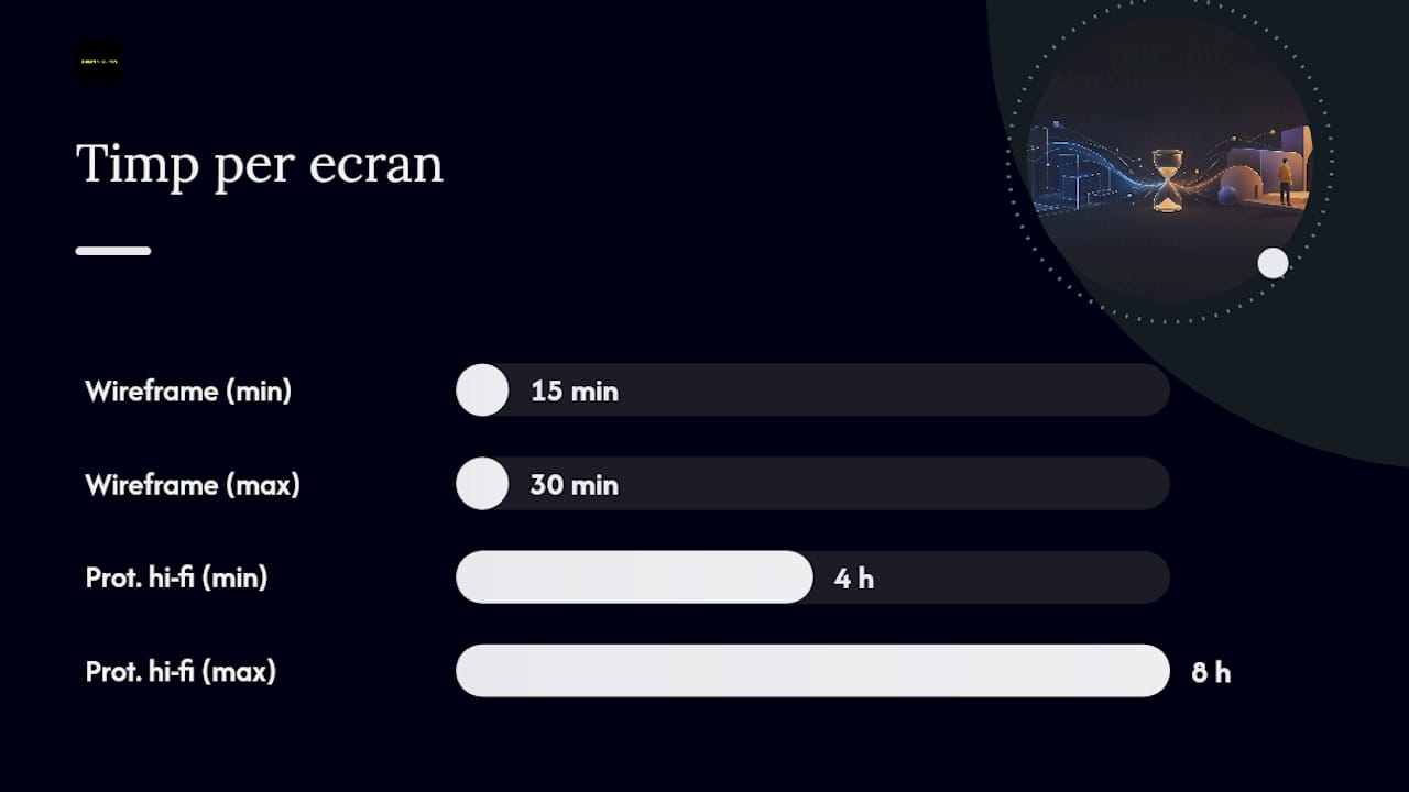 Diagramă comparativă a timpului necesar pentru crearea unui wireframe și a unui prototip
