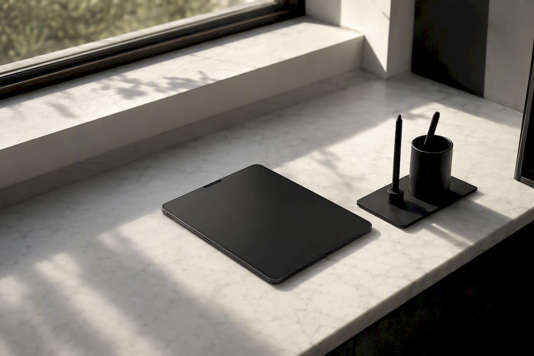 Spațiu de lucru tehnic minimalist cu instrumente de scris și tabletă