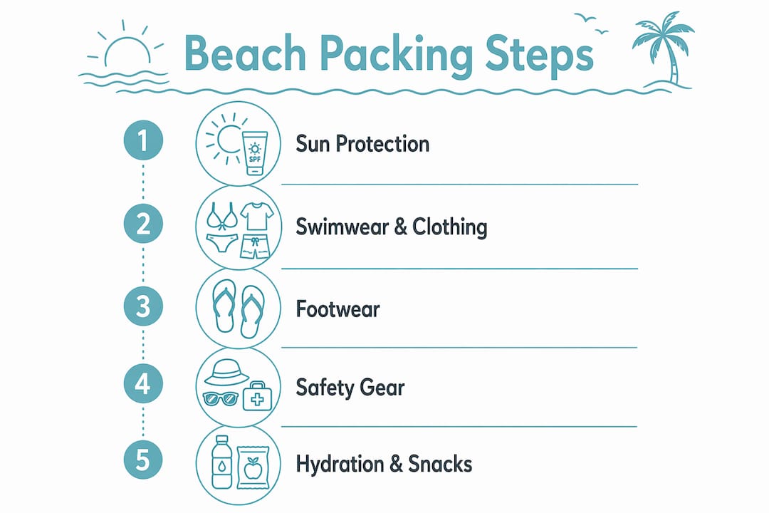 Infographic showing beach trip packing steps