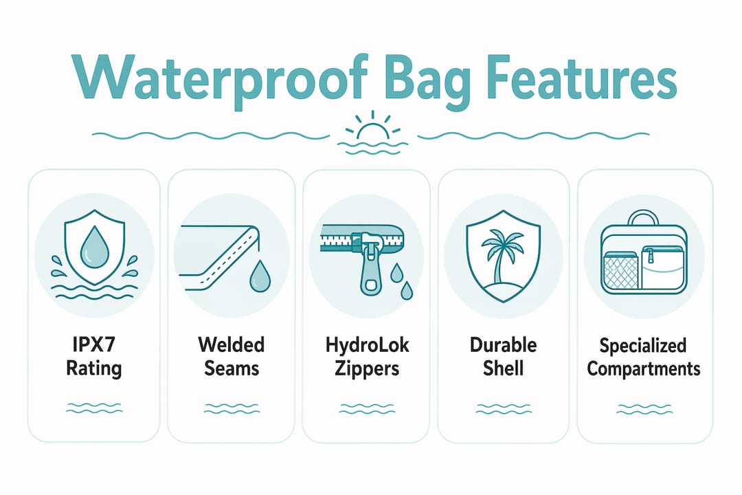 Infographic illustrating key features of waterproof bags