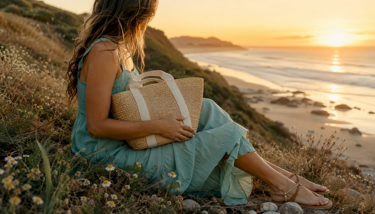 Woman holding Hat Attack straw beach bag