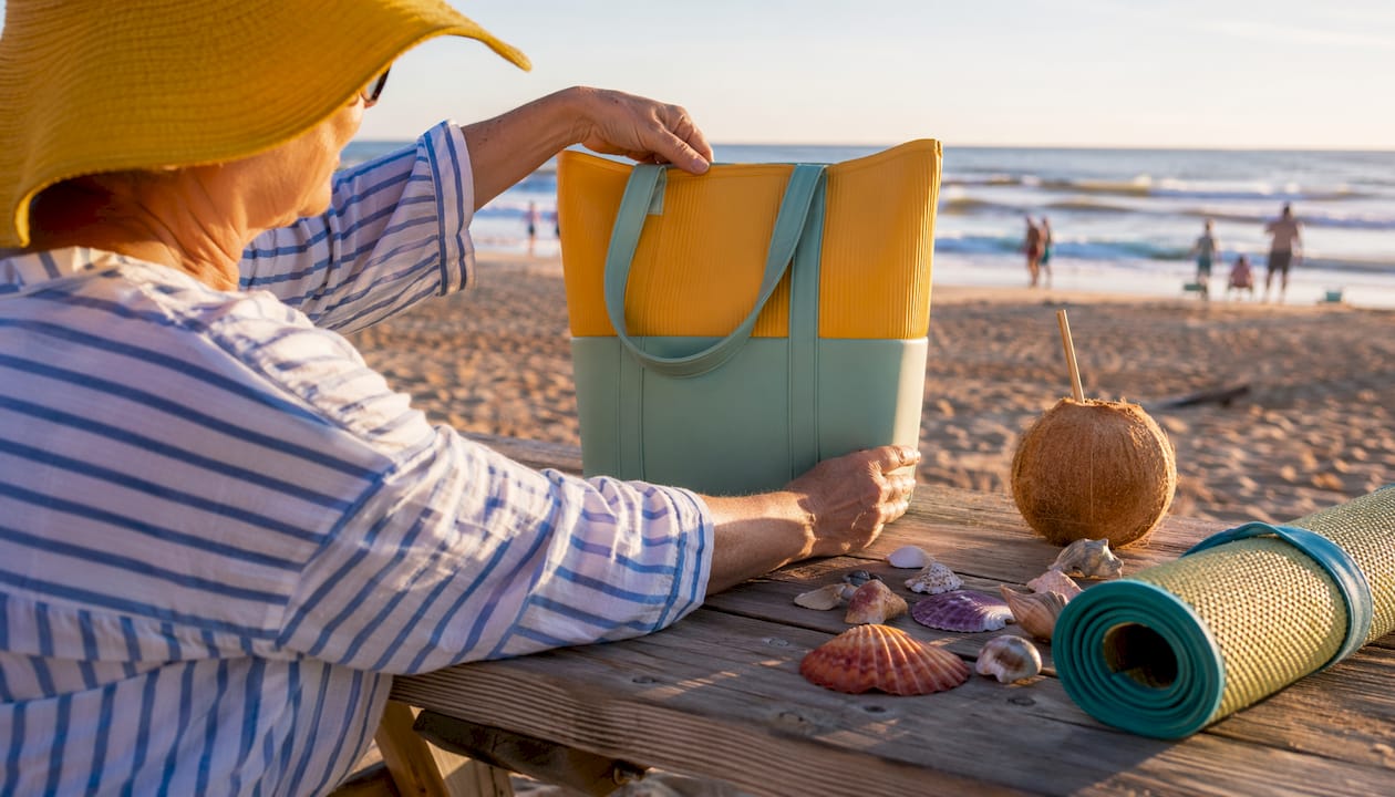 Unfolding Owala Sun-Day collapsible beach tote