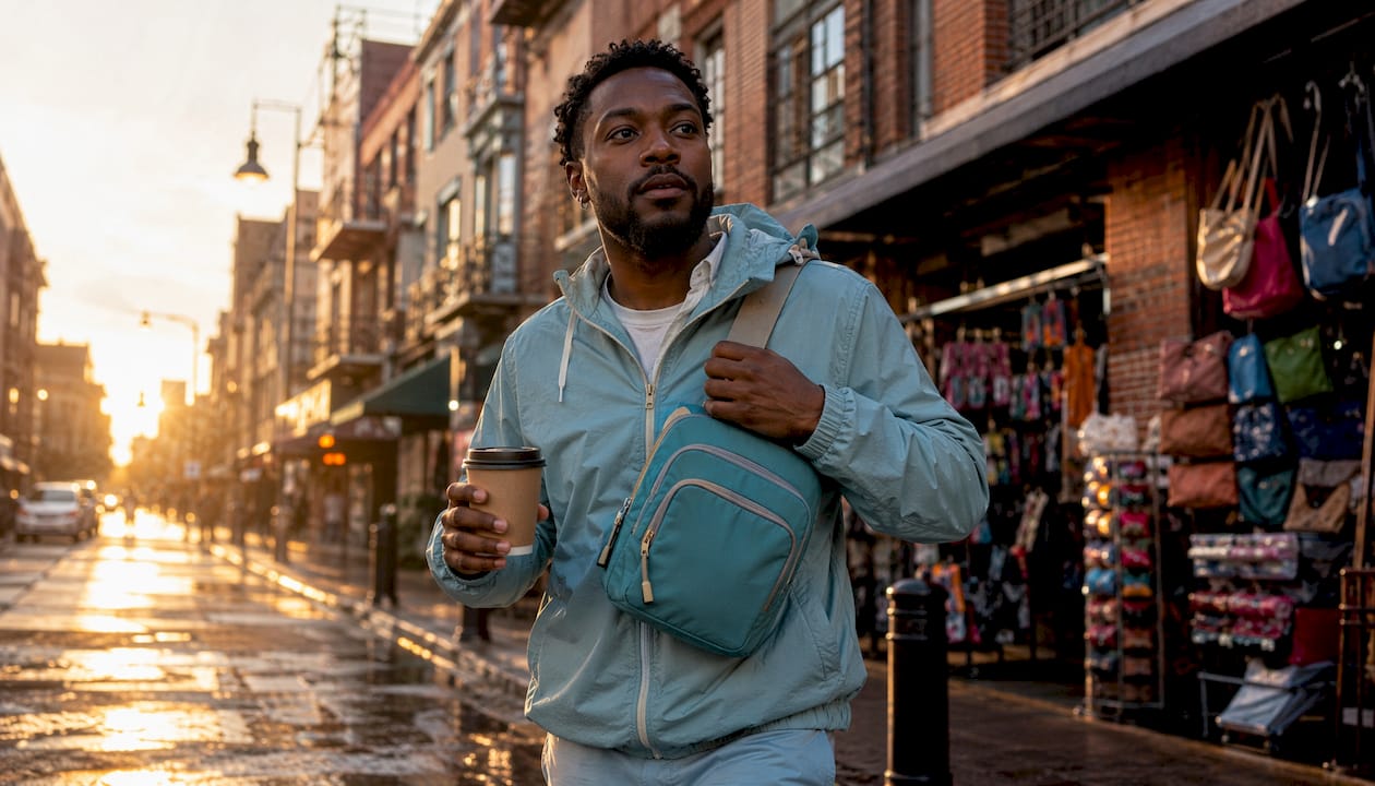 Man wearing waterproof crossbody purse in city rain