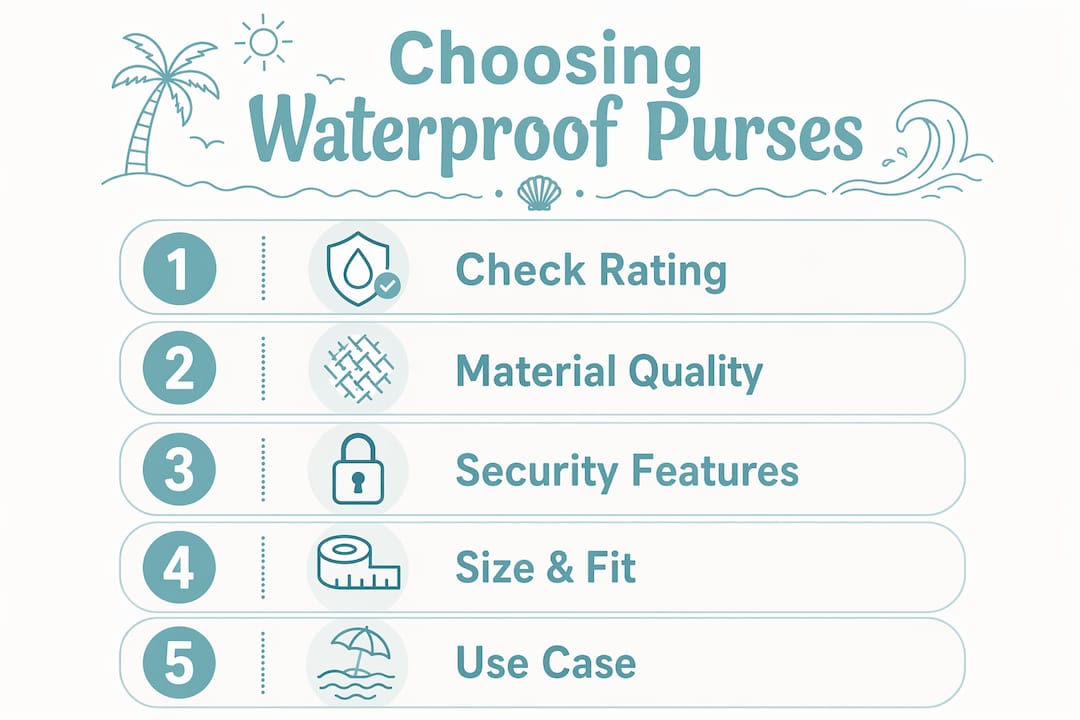 Vertical infographic illustrating waterproof purse selection steps