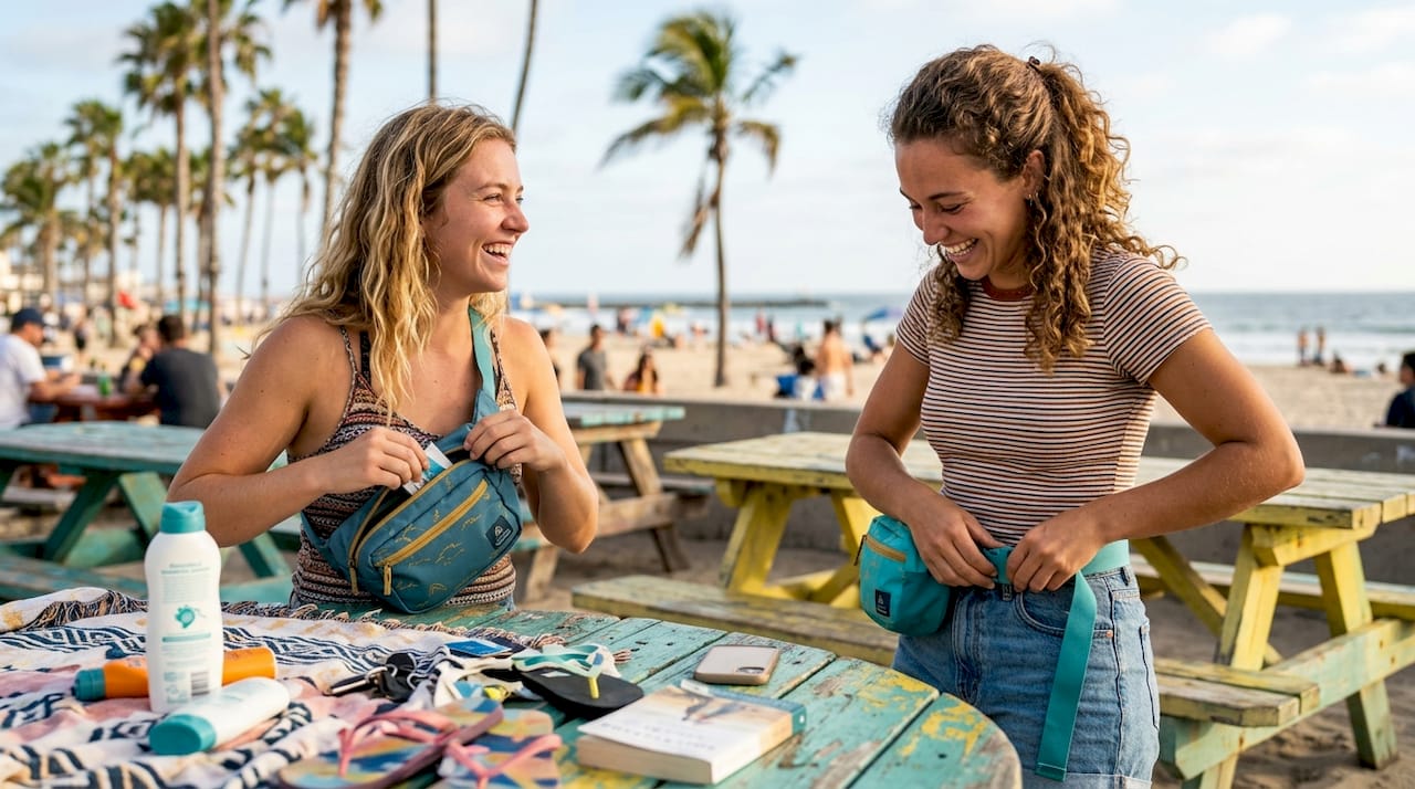 Friends adjusting waterproof fanny packs outdoors