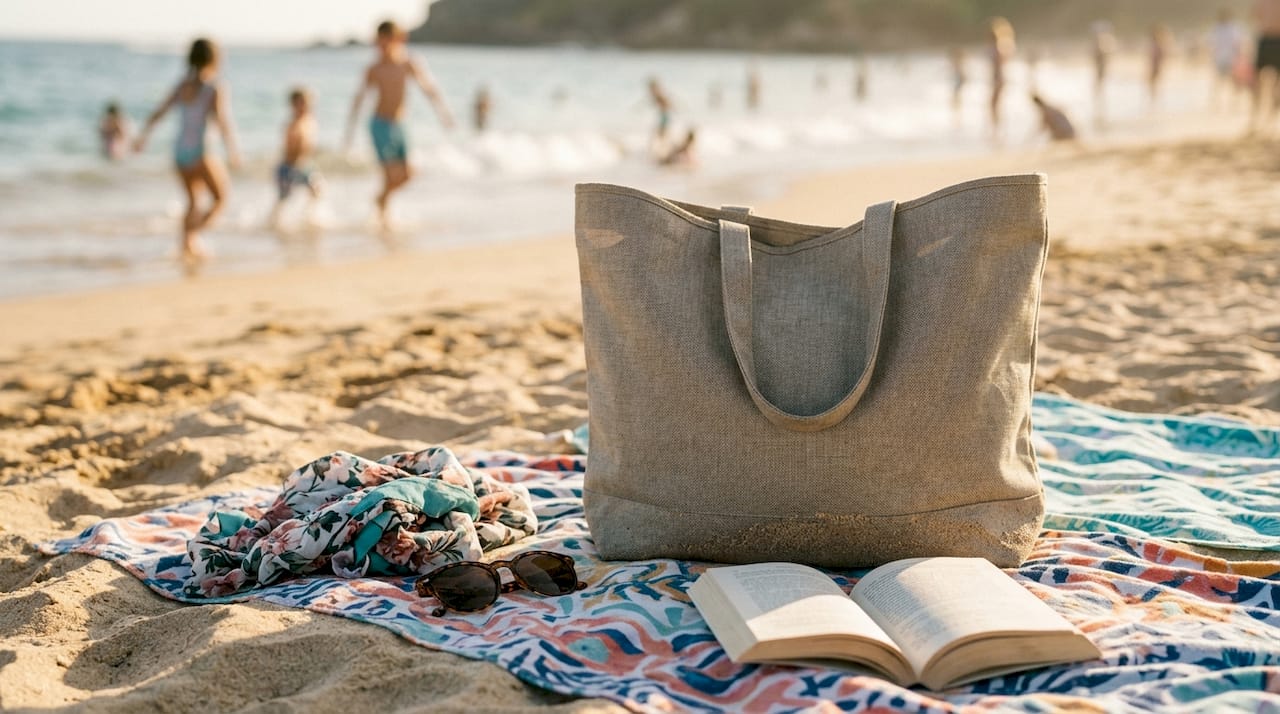 Large waterproof tote with beach items