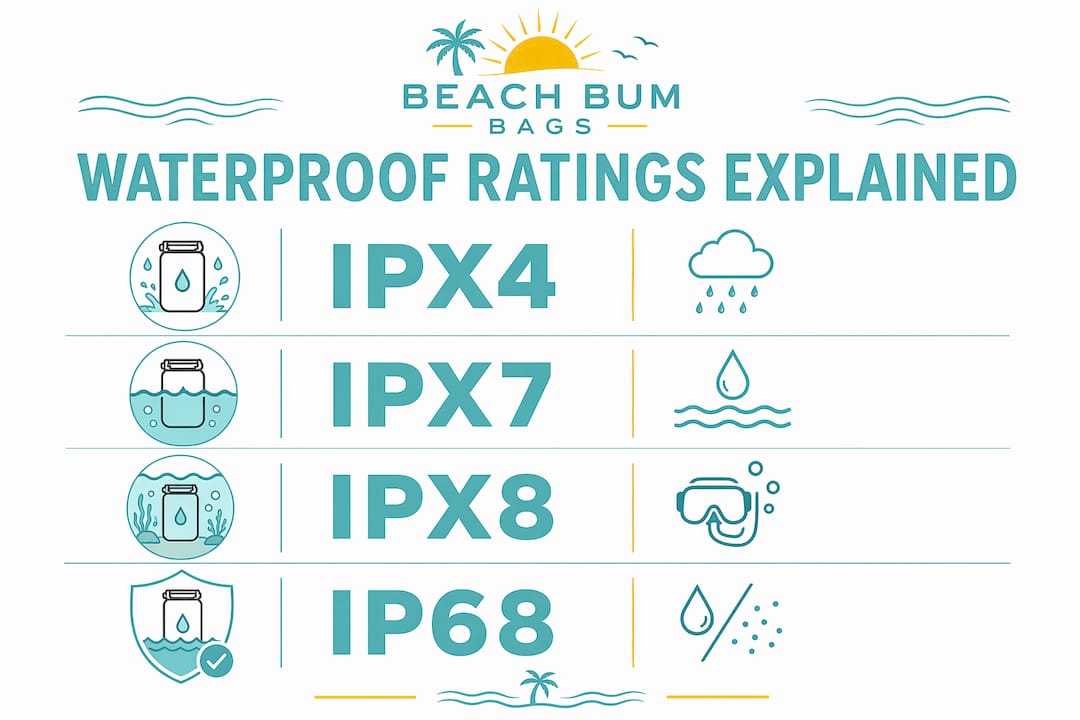 Infographic explaining waterproof bag ratings with steps
