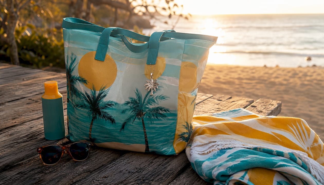 Waterproof tote with stainless steel palm tree charm outdoors