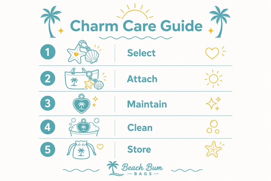 Infographic illustrating beach bag charm care steps