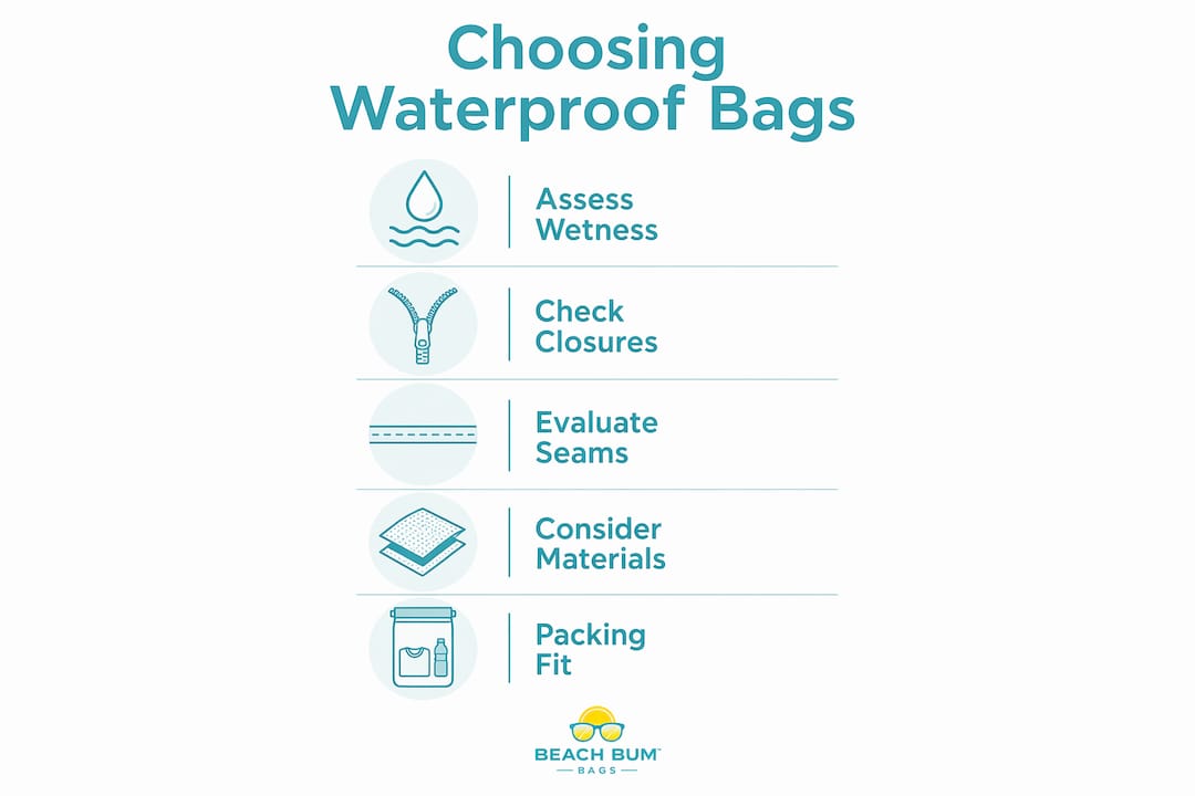 Infographic showing steps to choose waterproof beach bag