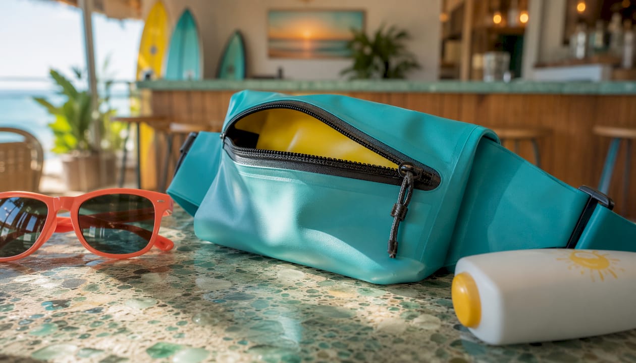 Close-up of waterproof hip pack zipper and interior