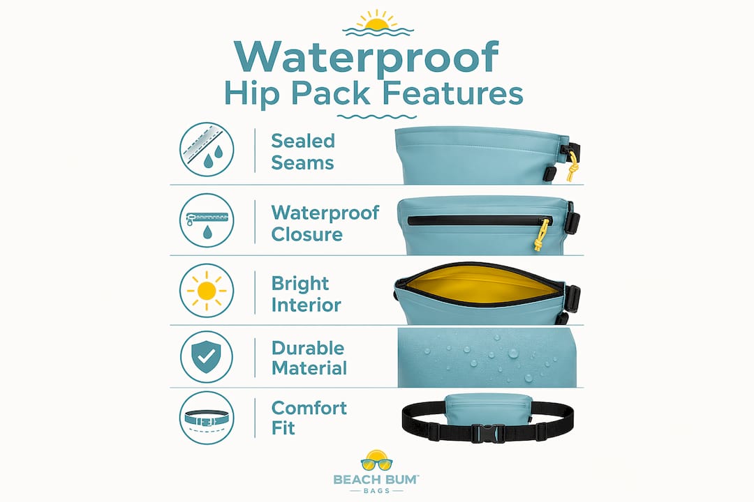 Infographic displaying key features of waterproof hip packs