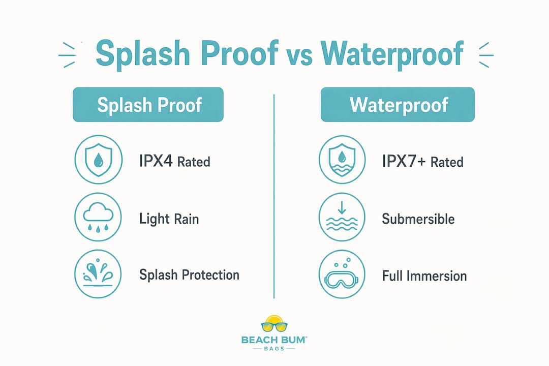 Infographic comparing splash proof and waterproof bag features