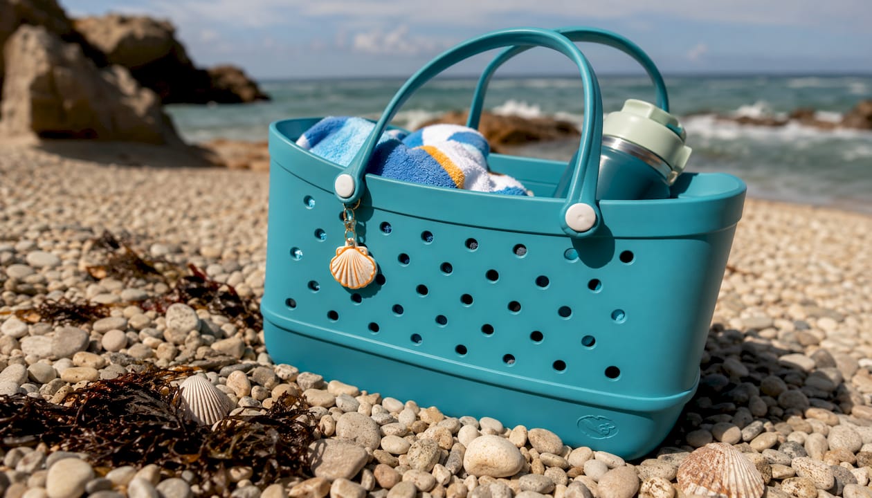 Overhead view of sandproof beach bag on shore