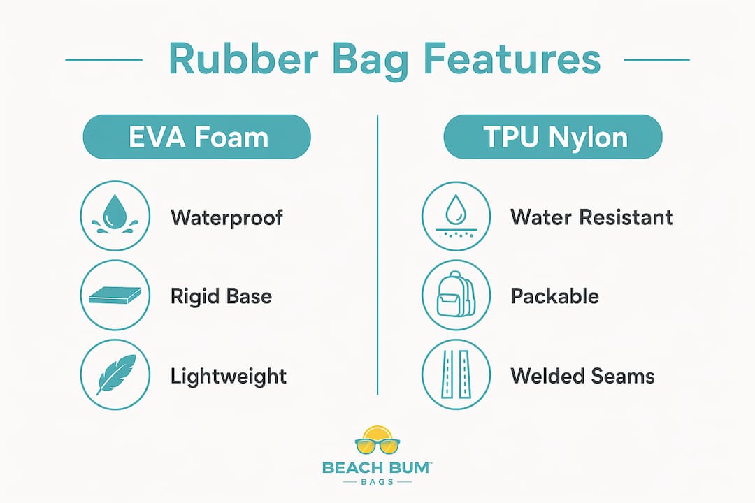 Infographic comparing EVA foam and TPU nylon beach bag features