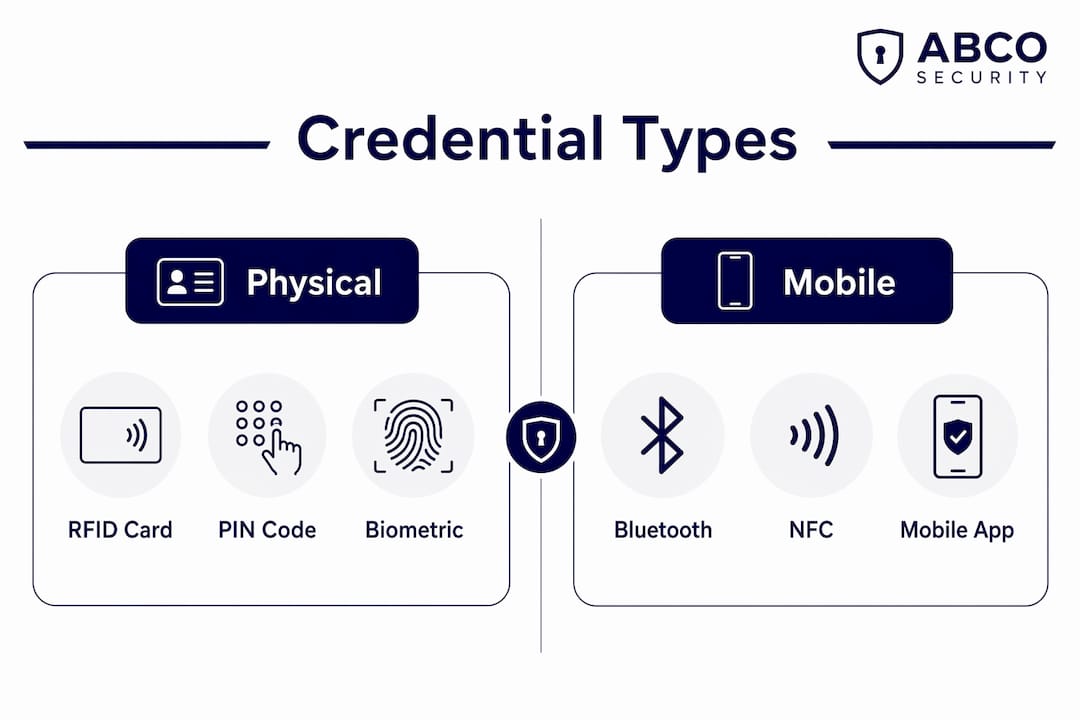 Access Control Systems for Business: 2026 Guide 9 Infographic comparing physical and mobile credential types for access control systems