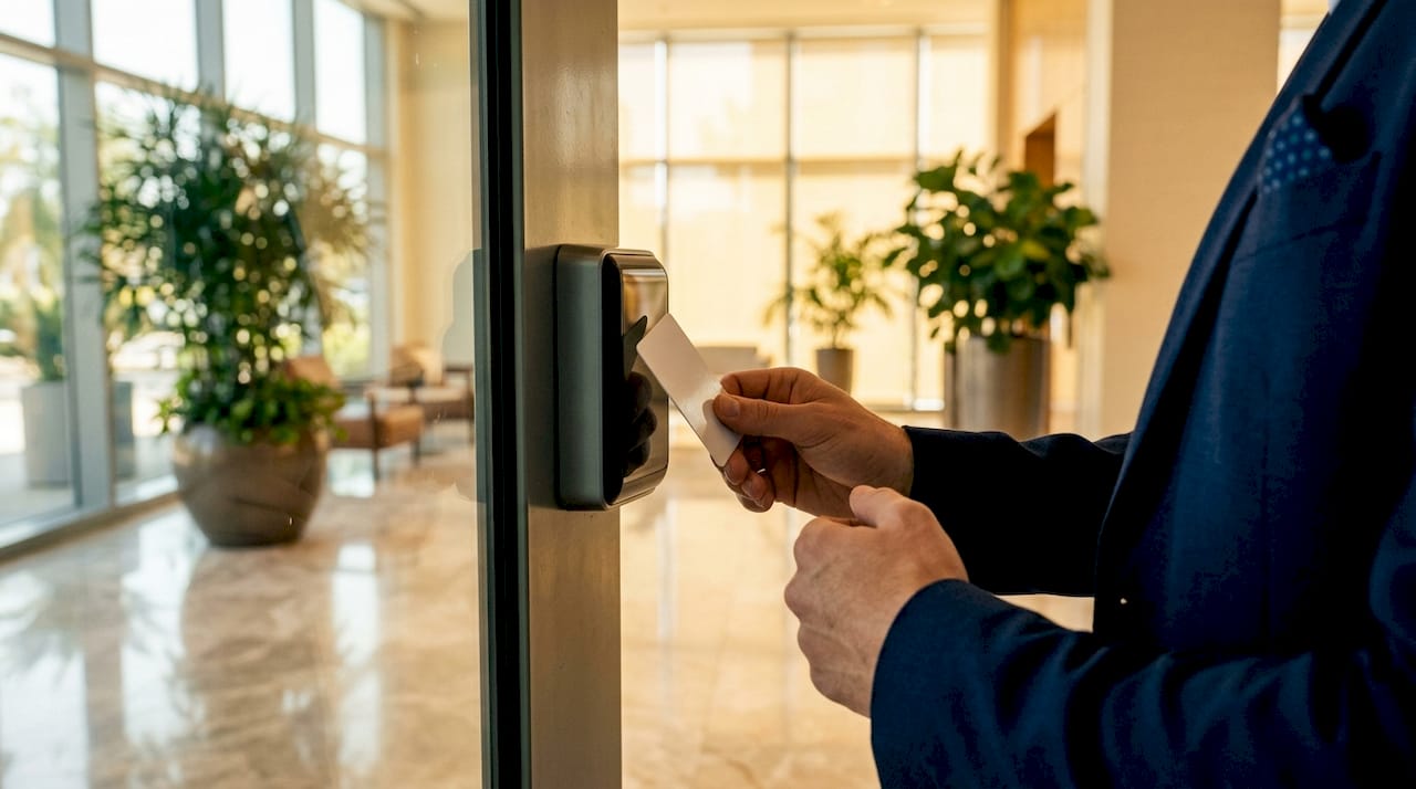 Access Control Systems for Business: 2026 Guide 8 Hands holding RFID card near door reader in office hallway