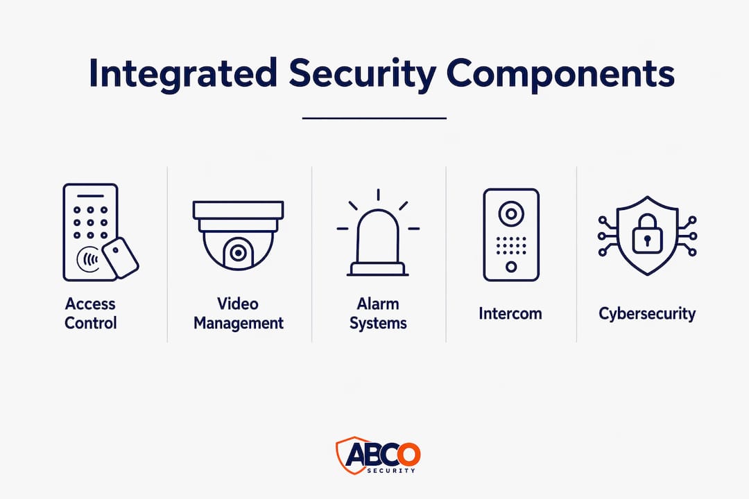 Integrated security solutions: a guide for professionals 9 Infographic showing core components of integrated security systems