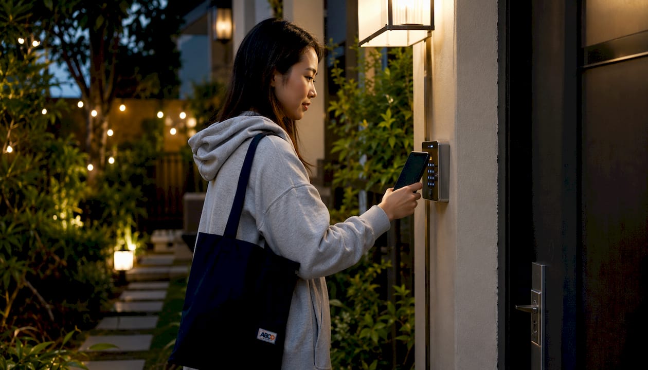 Residential security services: your 2026 guide for Australian homeowners 10 Woman using smartphone for door access control