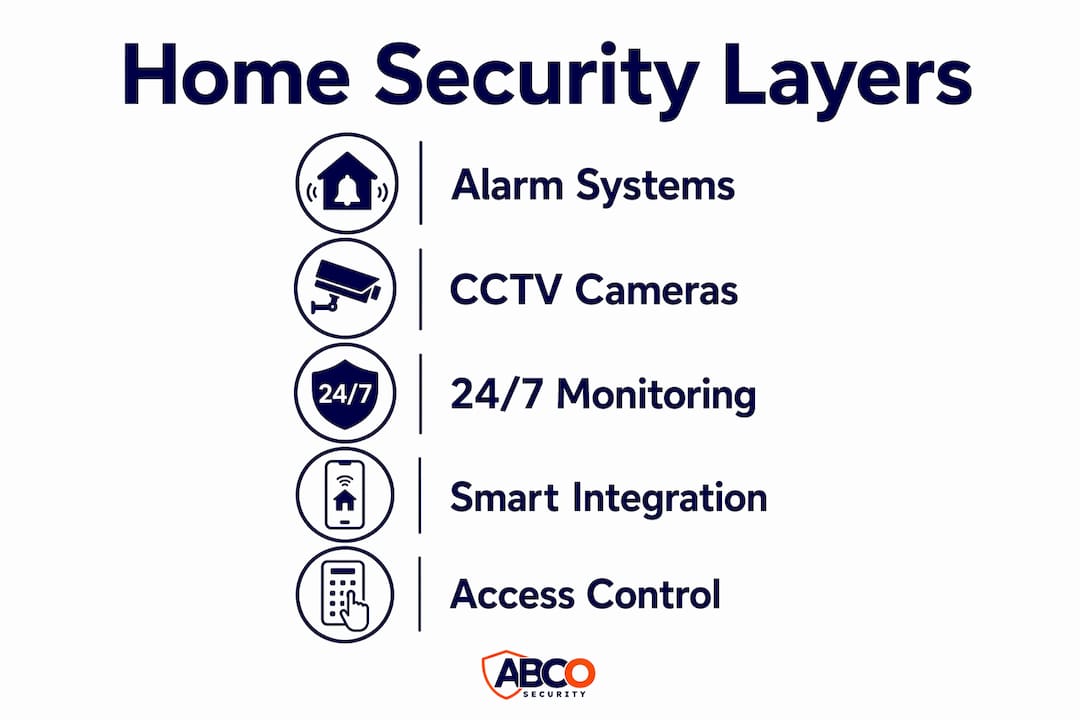 Residential security services: your 2026 guide for Australian homeowners 8 Infographic showing key home security layers